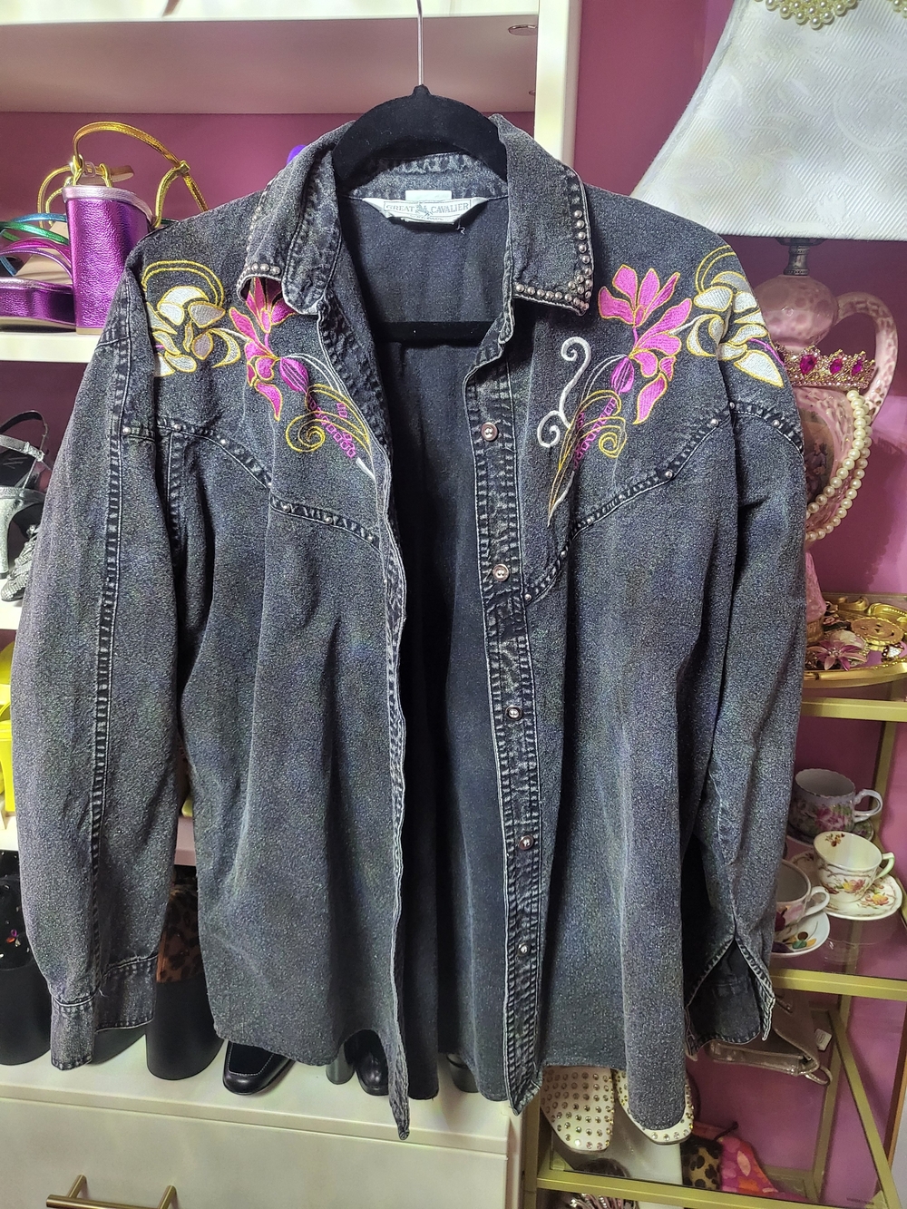 Vintage Embroidered Black Denim Shirt Jacket with Pink & Gold Floral Accents